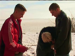 Irina With Two Guys On The Snow